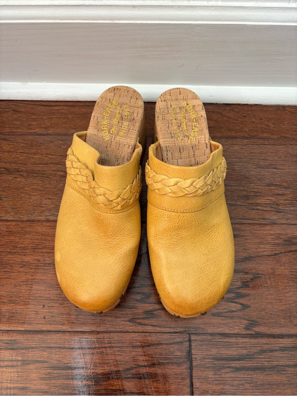 Kork-Ease Mustard Yellow Braided Leather Clog Mules